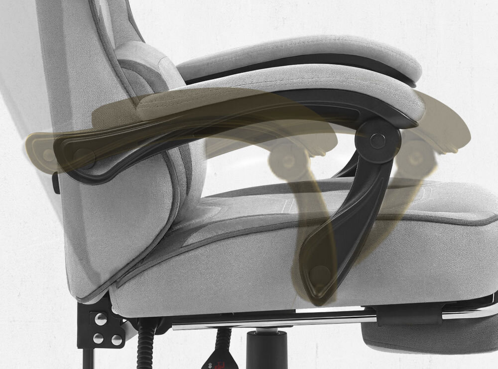 Fotel CABRO C502 Szaro-czarny Widok z profilu na podłokietnik fotela z graficznym zaznaczeniem możliwości jego regulacji i dopasowania do rąk fotel gamingowy z systemem linkage armrests podłokietników