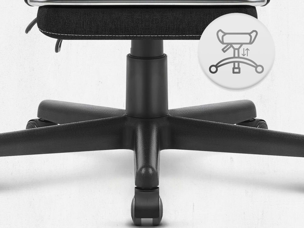 Fotel CABRO C503 Czarno-biały Widok na podstawę fotela z ikoną ilustrującą funkcję regulacji wysokości siedziska fotel gamingowy z pięcioramienną nylonową podstawą