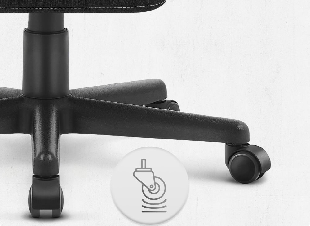 Fotel CABRO C503 Czarno-biały Zbliżenie na kółka fotela gamingowego z ikoną sugerującą płynność ruchu lub cichą pracę mechanizmu fotel gamingowy z solidnymi kółkami trwałe materiały ochrona podłogi