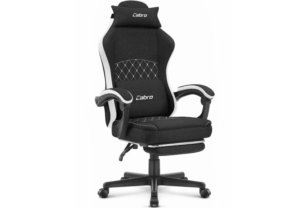 Fotel CABRO C503 Czarno-biały prezentacja fotela na jasnym tle od przodu pod kątem fotel gamingowy z dopasowanymi wymiarami do biurka