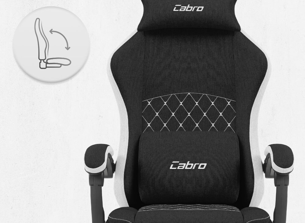 Fotel CABRO C503 Czarno-biały Fotel gamingowy widziany od przodu z ikoną ilustrującą mechanizm kołysania siedziska uniwersalny fotel gamingowy do biura i pokoju gracza