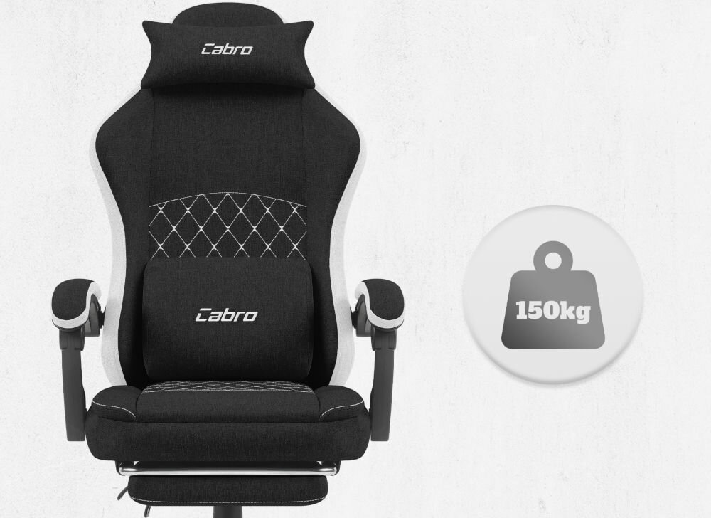 Fotel CABRO C503 Czarno-biały Widok od przodu na fotel gamingowy z ikoną informującą o maksymalnym obciążeniu wynoszącym 150 kg wytrzymały fotel gamingowy o nośności 150 kg