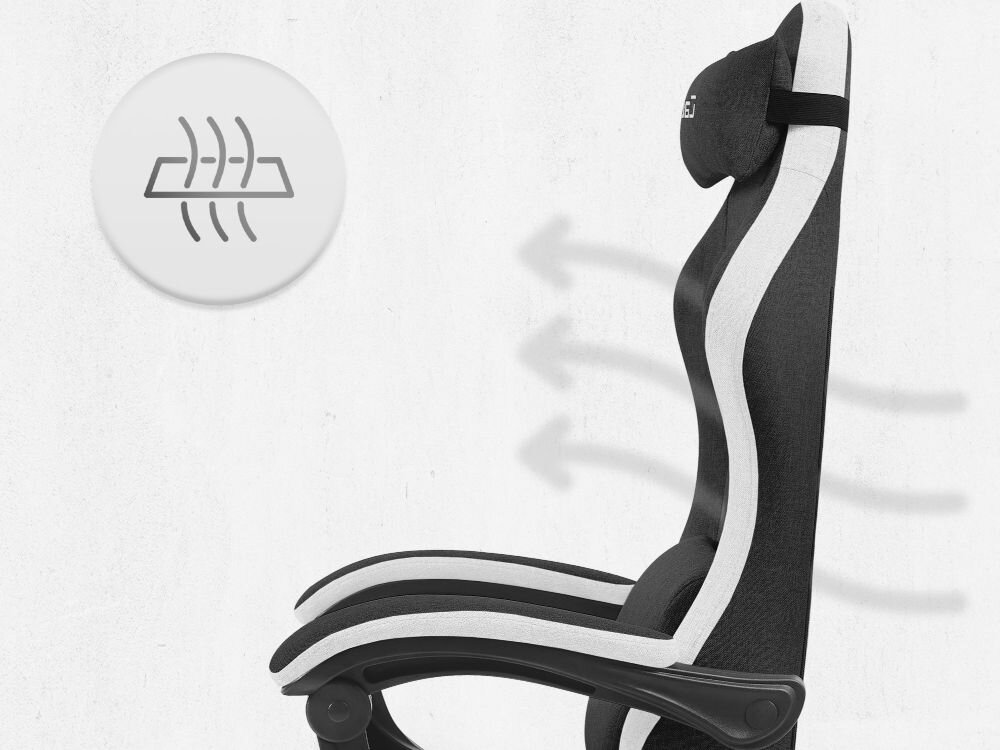 Fotel CABRO C503 Czarno-biały Profil fotela gamingowego z naniesionymi strzałkami i ikoną symbolizującą wentylację oraz przepływ powietrza przez oparcie ergonomiczny fotel gamingowy do długiej pracy i grania