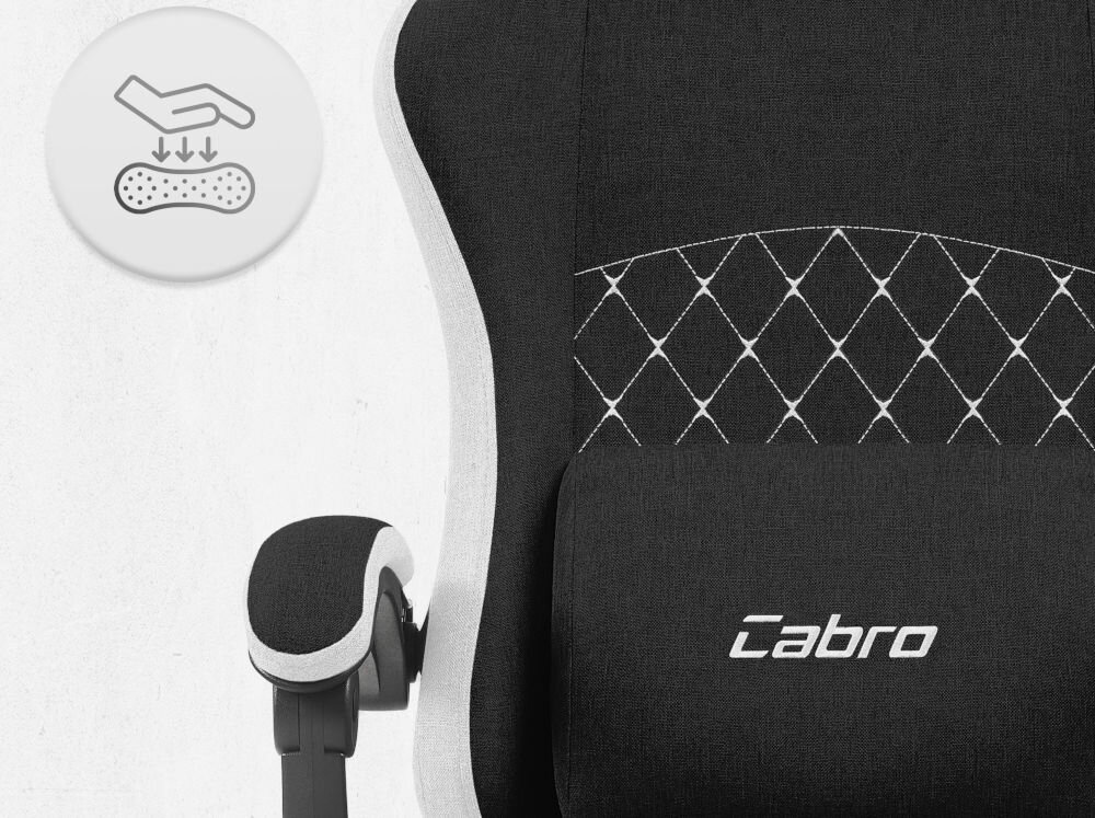 Fotel CABRO C503 Czarno-biały Zbliżenie na oparcie i podłokietnik fotela z ikoną dłoni naciskającej miękką piankę wypełniającą fotel gamingowy z oddychającą tapicerką z tkaniny