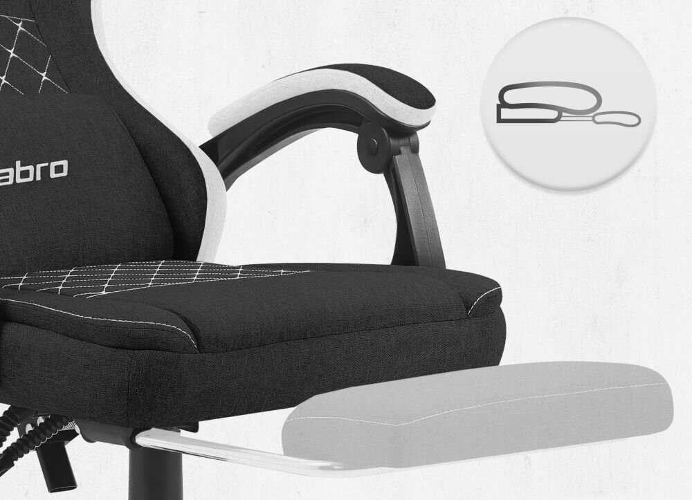 Fotel CABRO C503 Czarno-biały zbliżenie na wysuwany podnóżek jasne tło ikona fotel gamingowy z wysuwanym podnóżkiem do odpoczynku