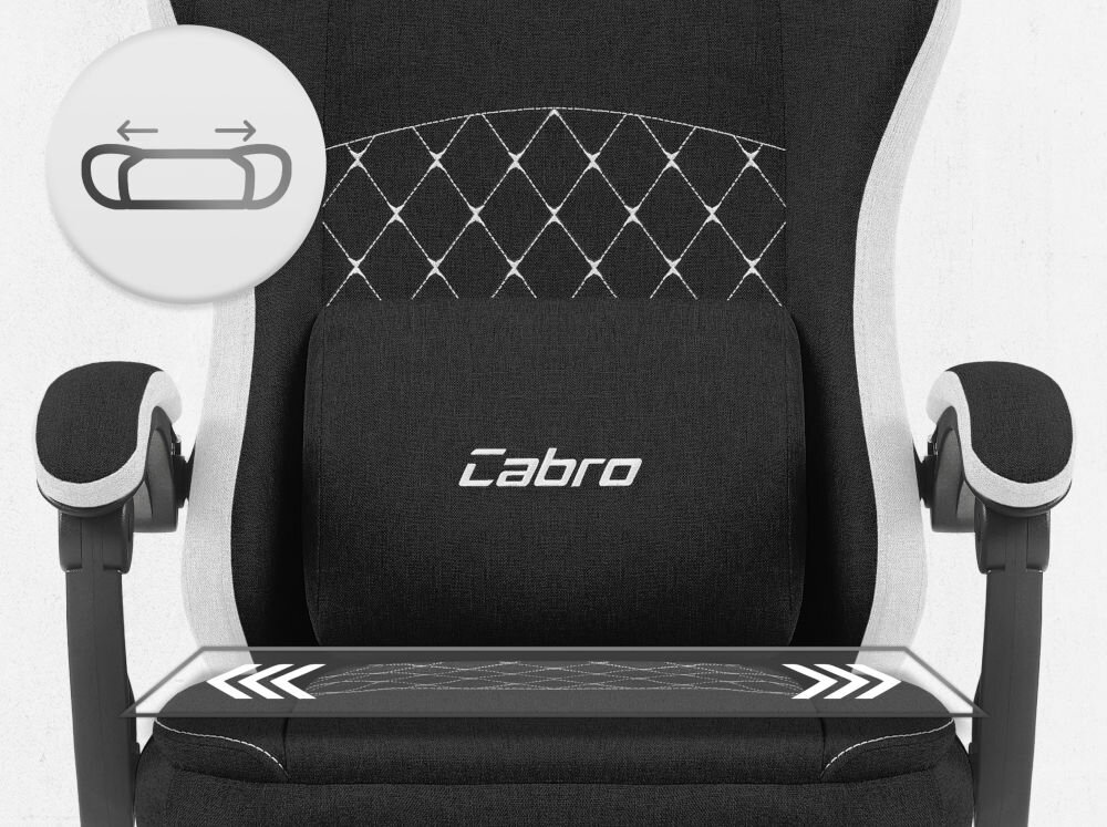 Fotel CABRO C503 Czarno-biały Zbliżenie na siedzisko oraz poduszkę lędźwiową fotela gamingowego z logo marki i ikoną profilowanej poduszki fotel gamingowy z ergonomicznym siedziskiem z pianką