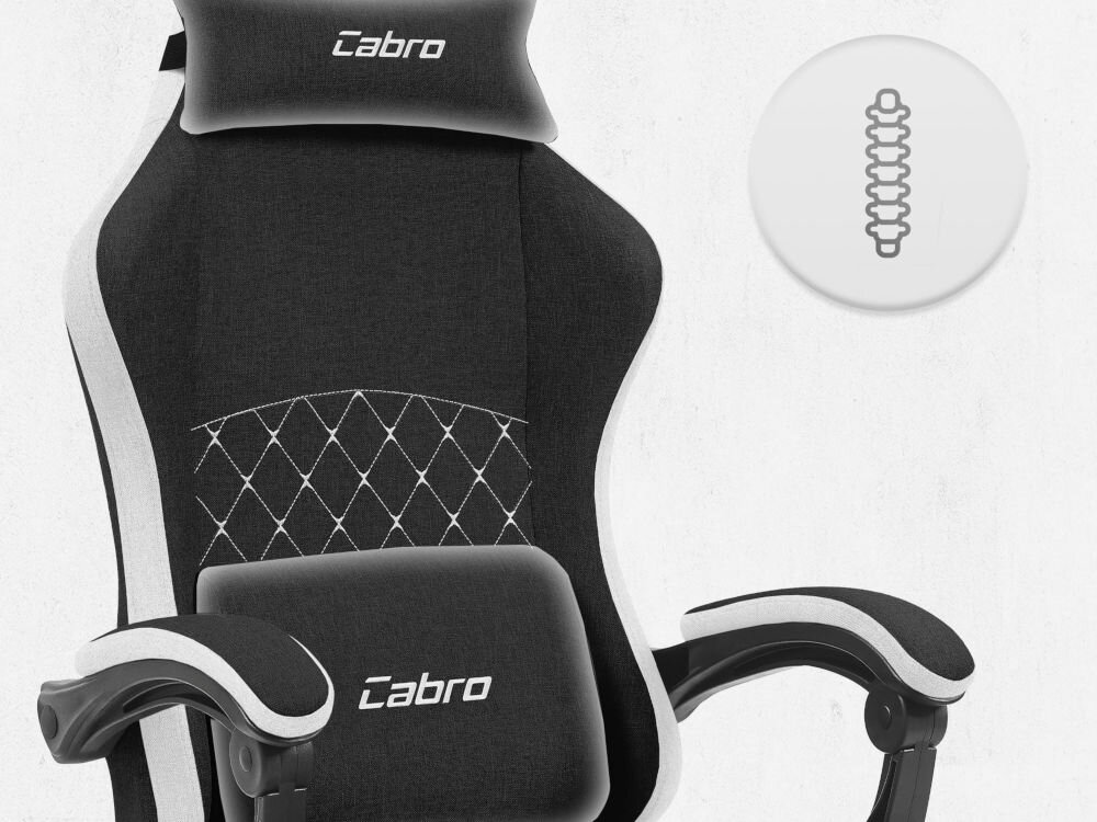 Fotel CABRO C503 Czarno-biały Górna część fotela gamingowego z widocznym zagłówkiem i ikoną wsparcia kręgosłupa na całej długości pleców fotel gamingowy z poduszką lędźwiową i poduszką pod kark