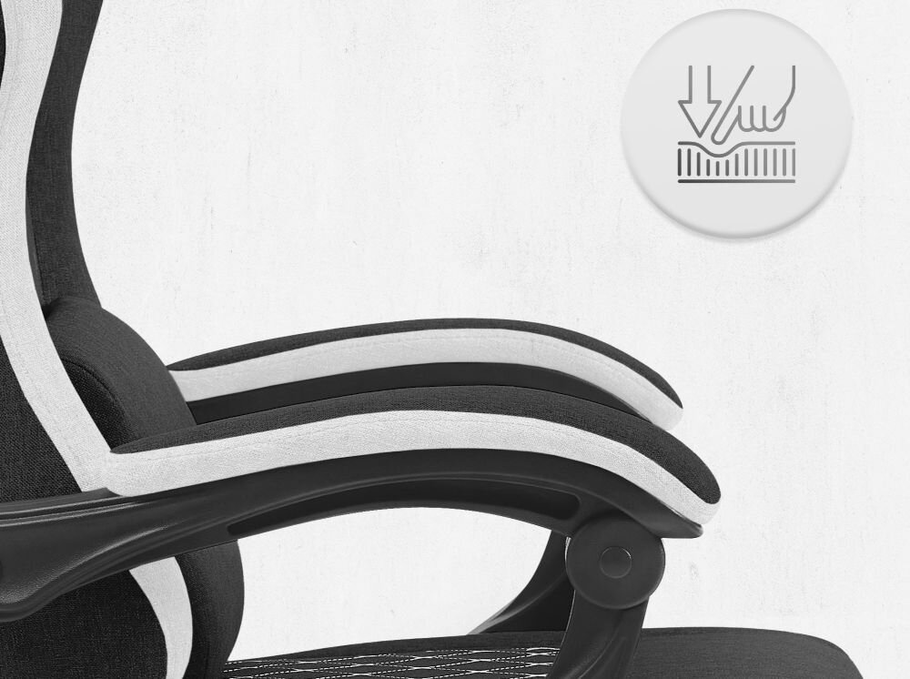 Fotel CABRO C503 Czarno-biały Zbliżenie na miękki podłokietnik fotela z ikoną nacisku, podkreślającą komfort użytkowania i jakość wypełnienia fotel gamingowy z podłokietnikami z miękkimi padami