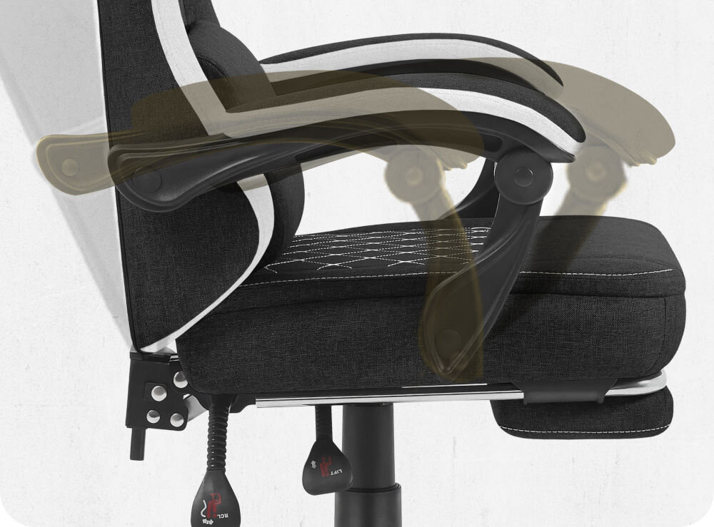 Fotel CABRO C503 Czarno-biały Widok z profilu na podłokietnik fotela z graficznym zaznaczeniem możliwości jego regulacji i dopasowania do rąk fotel gamingowy z systemem linkage armrests podłokietników