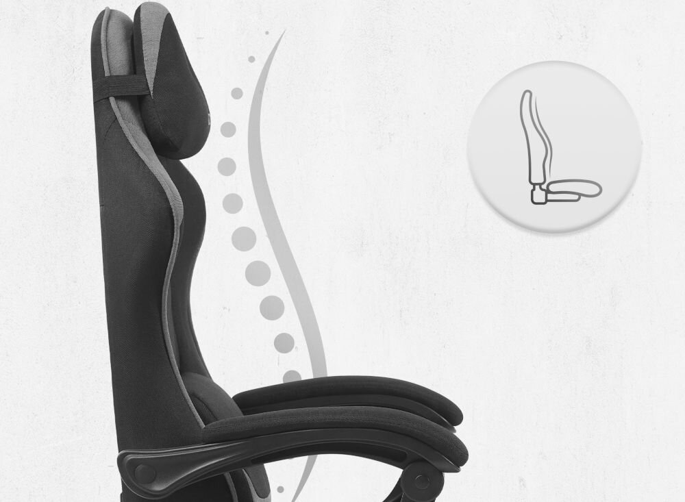 Fotel CABRO C504 Czarno-szary  Profil fotela z ikoną prezentującą ergonomiczny kształt oparcia dopasowany do naturalnej krzywizny kręgosłupa ergonomiczny fotel gamingowy do pracy i grania