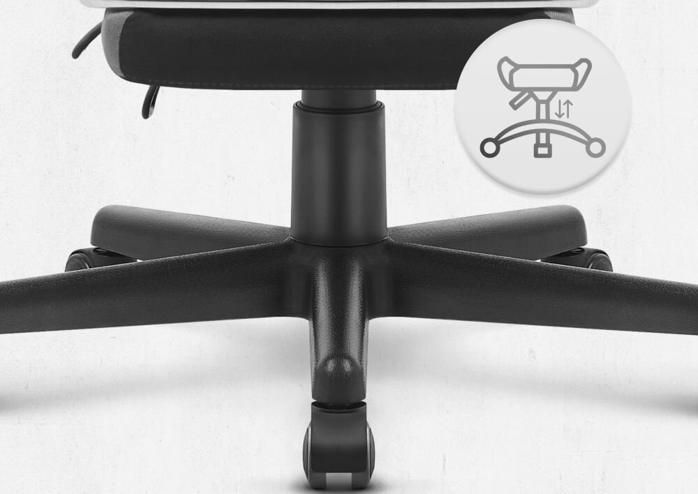 Fotel CABRO C504 Czarno-szary  Widok na podstawę fotela z ikoną ilustrującą funkcję regulacji wysokości siedziska fotel gamingowy z pięcioramienną nylonową podstawą