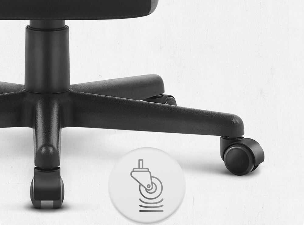 Fotel CABRO C504 Czarno-szary  Zbliżenie na kółka fotela gamingowego z ikoną sugerującą płynność ruchu lub cichą pracę mechanizmu fotel gamingowy z solidnymi kółkami trwałe materiały ochrona podłogi