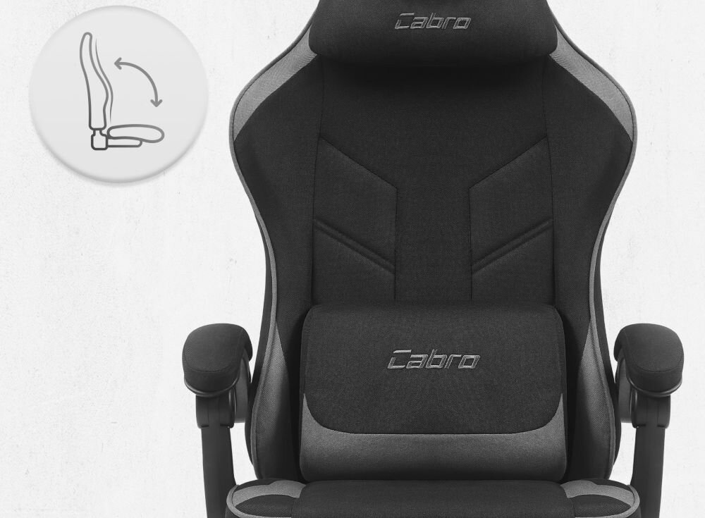 Fotel CABRO C504 Czarno-szary  Fotel gamingowy widziany od przodu z ikoną ilustrującą mechanizm kołysania siedziska uniwersalny fotel gamingowy do biura i pokoju gracza