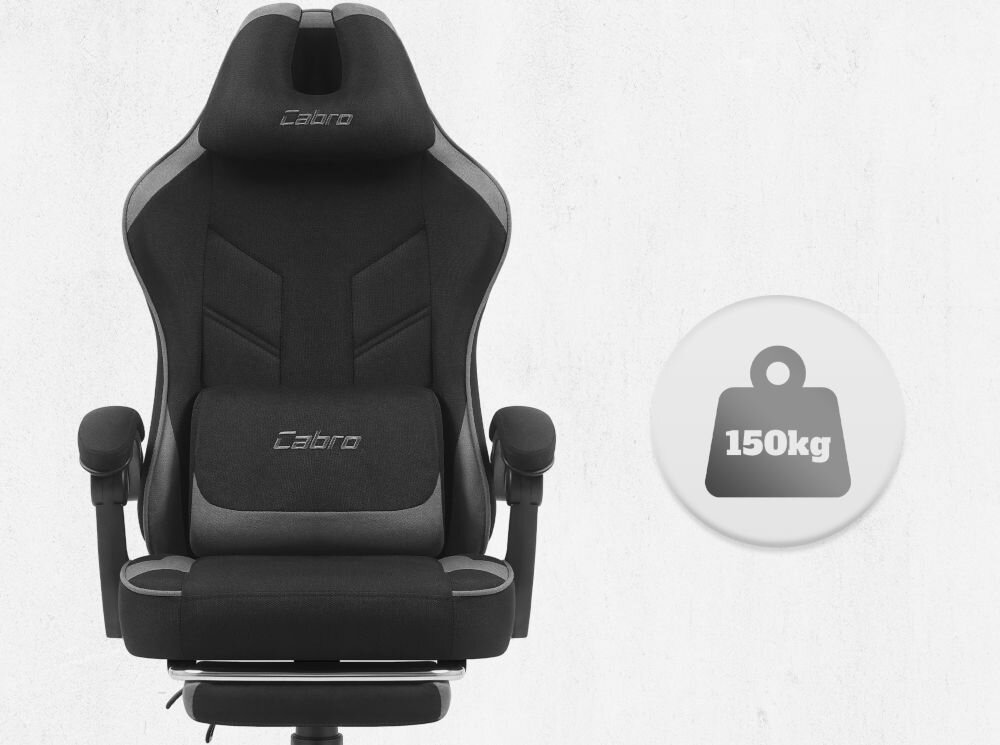Fotel CABRO C504 Czarno-szary  Widok od przodu na fotel gamingowy z ikoną informującą o maksymalnym obciążeniu wynoszącym 150 kg wytrzymały fotel gamingowy o nośności 150 kg