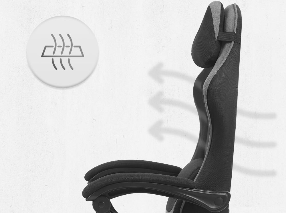 Fotel CABRO C504 Czarno-szary  Profil fotela gamingowego z naniesionymi strzałkami i ikoną symbolizującą wentylację oraz przepływ powietrza przez oparcie ergonomiczny fotel gamingowy do długiej pracy i grania