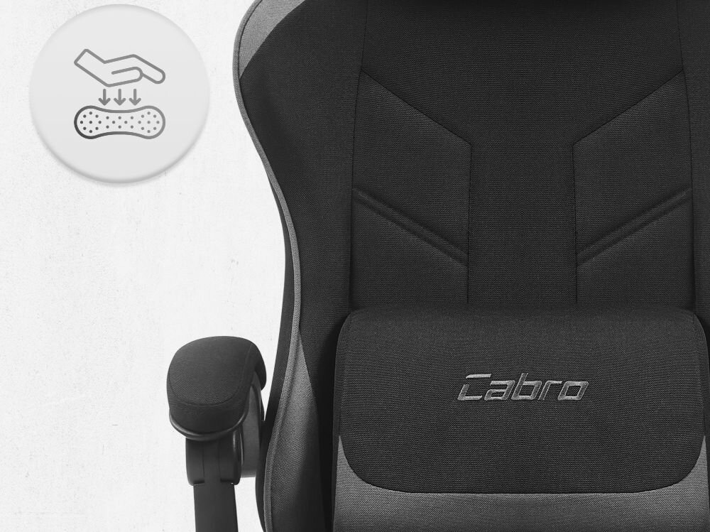 Fotel CABRO C504 Czarno-szary  Zbliżenie na oparcie i podłokietnik fotela z ikoną dłoni naciskającej miękką piankę wypełniającą fotel gamingowy z oddychającą tapicerką z tkaniny