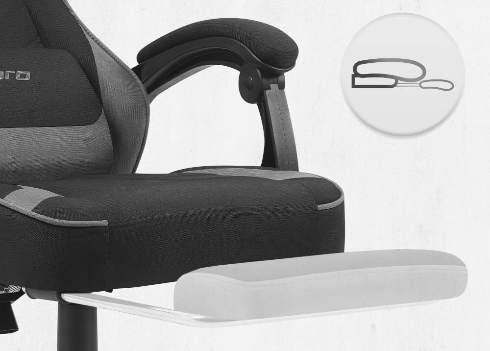 Fotel CABRO C504 Czarno-szary  zbliżenie na wysuwany podnóżek jasne tło ikona fotel gamingowy z wysuwanym podnóżkiem do odpoczynku