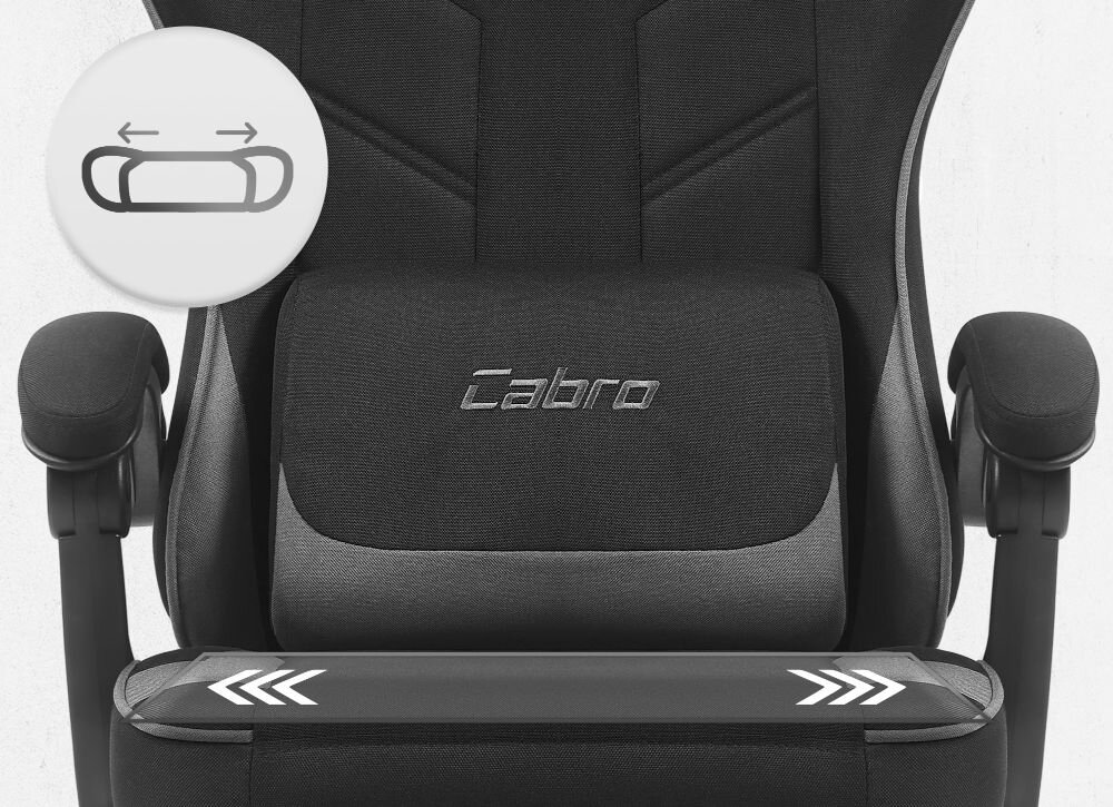 Fotel CABRO C504 Czarno-szary  Zbliżenie na siedzisko oraz poduszkę lędźwiową fotela gamingowego z logo marki i ikoną profilowanej poduszki fotel gamingowy z ergonomicznym siedziskiem z pianką