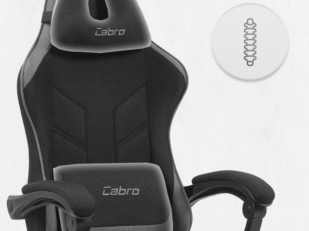 Fotel CABRO C504 Czarno-szary  Górna część fotela gamingowego z widocznym zagłówkiem i ikoną wsparcia kręgosłupa na całej długości pleców fotel gamingowy z poduszką lędźwiową i poduszką pod kark