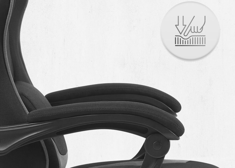 Fotel CABRO C504 Czarno-szary  Zbliżenie na miękki podłokietnik fotela z ikoną nacisku, podkreślającą komfort użytkowania i jakość wypełnienia fotel gamingowy z podłokietnikami z miękkimi padami