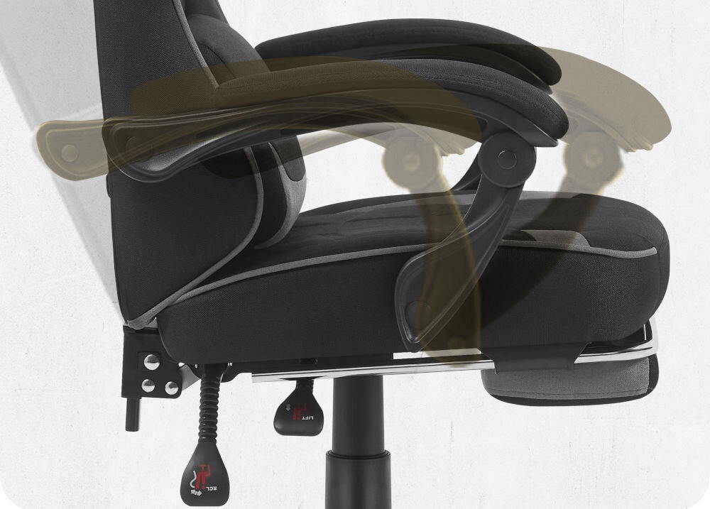 Fotel CABRO C504 Czarno-szary  Widok z profilu na podłokietnik fotela z graficznym zaznaczeniem możliwości jego regulacji i dopasowania do rąk fotel gamingowy z systemem linkage armrests podłokietników