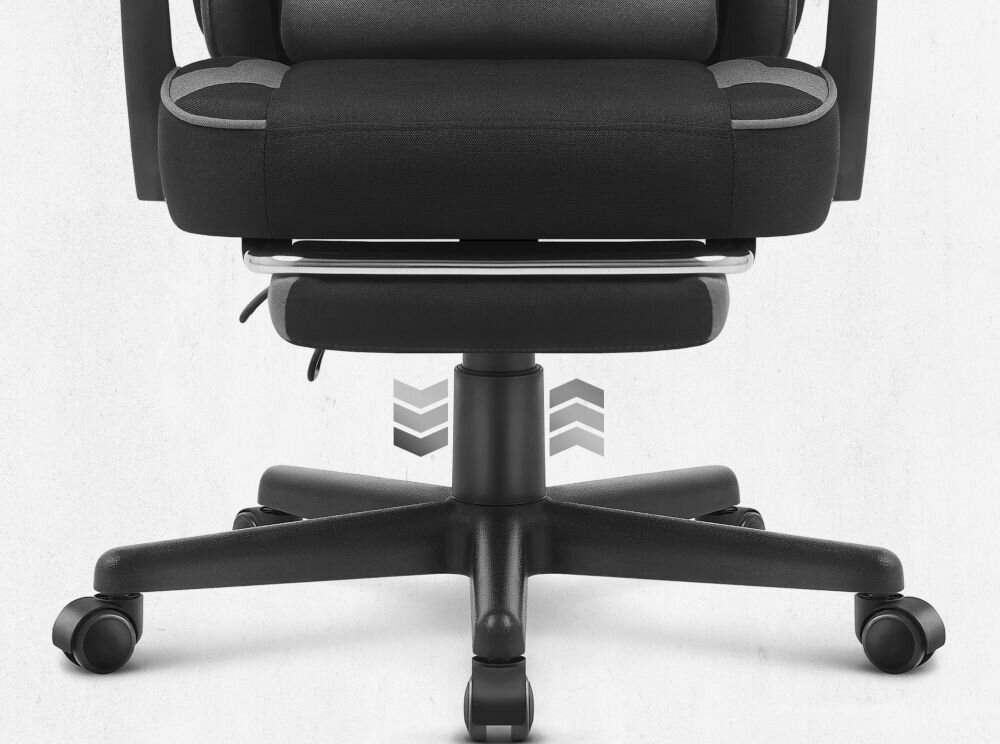 Fotel CABRO C504 Czarno-szary  Zbliżenie na dolną część fotela, prezentujące pięcioramienną podstawę, kółka oraz mechanizm podnośnika gazowego fotel gamingowy z regulacją wysokości siedziska gazowym siłownikiem