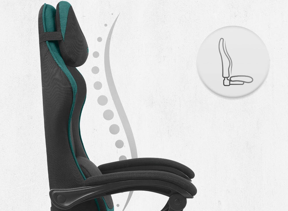 Fotel gamingowy CABRO C504 Czarny-zielony  Profil fotela z ikoną prezentującą ergonomiczny kształt oparcia dopasowany do naturalnej krzywizny kręgosłupa ergonomiczny fotel gamingowy do pracy i grania