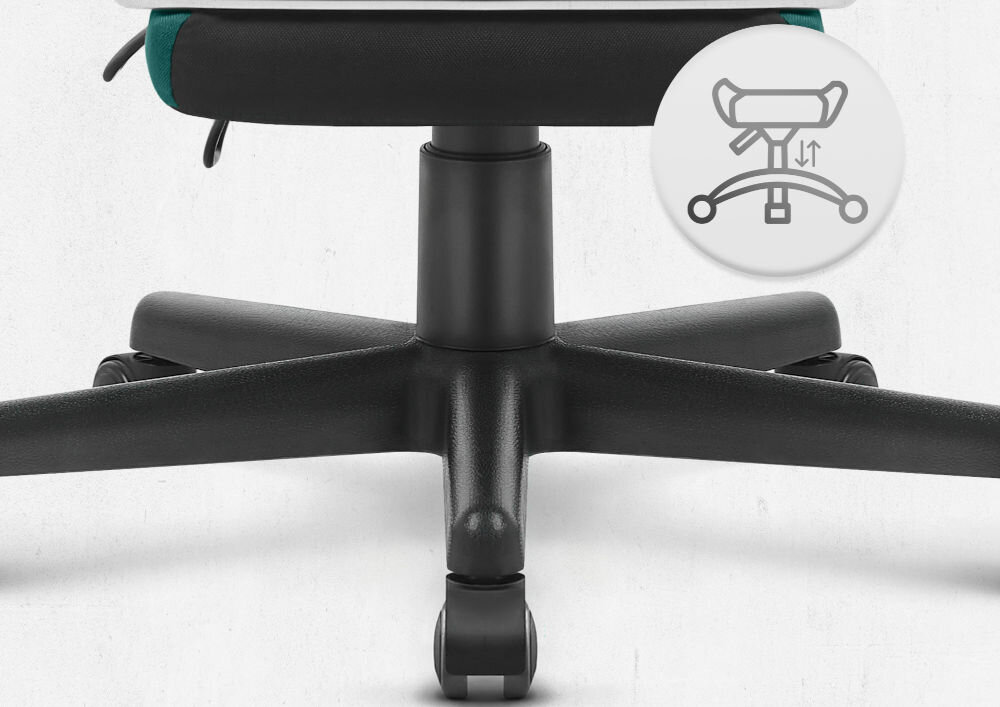 Fotel gamingowy CABRO C504 Czarny-zielony  Widok na podstawę fotela z ikoną ilustrującą funkcję regulacji wysokości siedziska fotel gamingowy z pięcioramienną nylonową podstawą