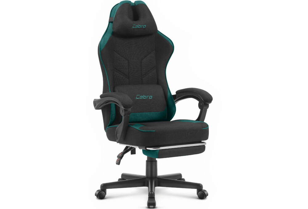 Fotel gamingowy CABRO C504 Czarny-zielony  prezentacja fotela na jasnym tle od przodu pod kątem fotel gamingowy z dopasowanymi wymiarami do biurka