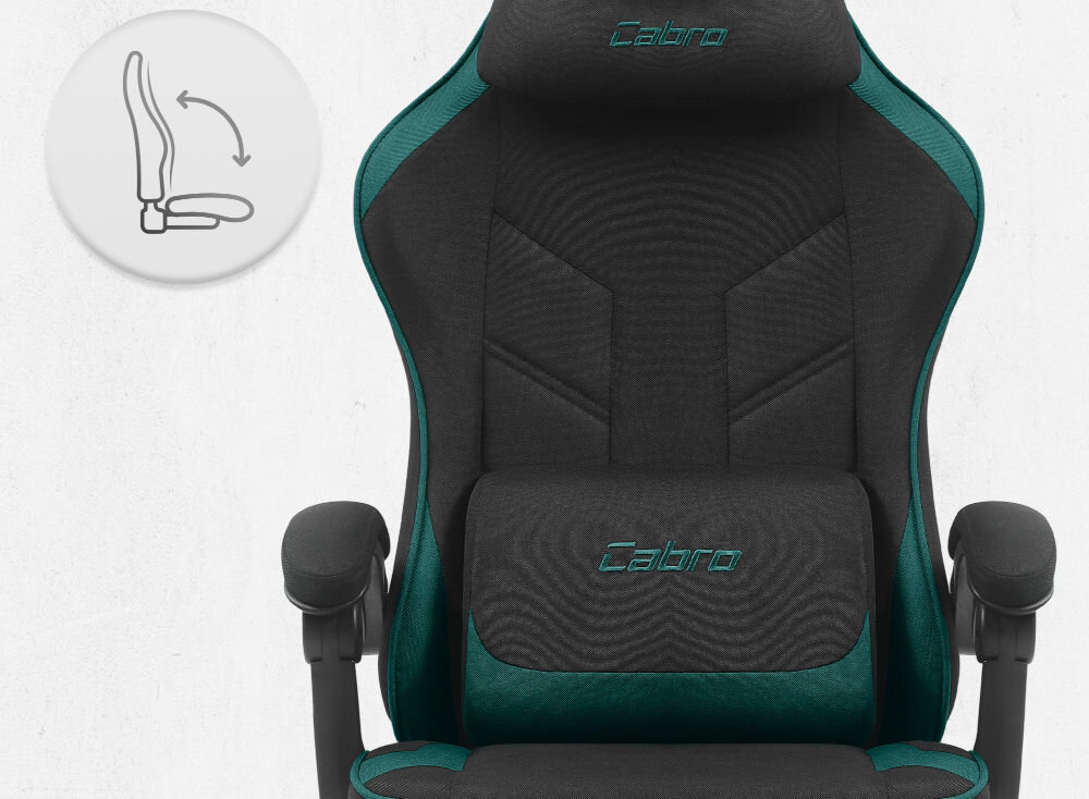 Fotel gamingowy CABRO C504 Czarny-zielony  Fotel gamingowy widziany od przodu z ikoną ilustrującą mechanizm kołysania siedziska uniwersalny fotel gamingowy do biura i pokoju gracza
