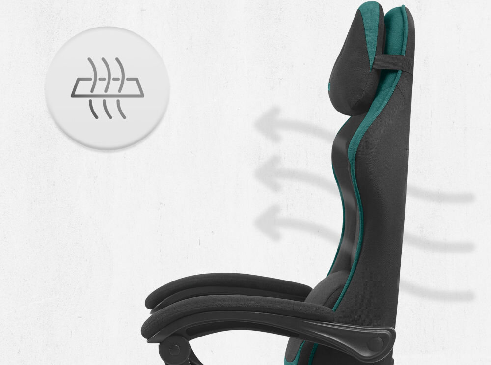 Fotel gamingowy CABRO C504 Czarny-zielony  Profil fotela gamingowego z naniesionymi strzałkami i ikoną symbolizującą wentylację oraz przepływ powietrza przez oparcie ergonomiczny fotel gamingowy do długiej pracy i grania