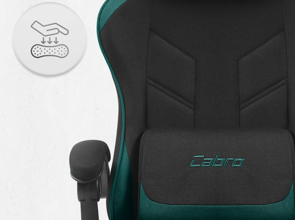 Fotel gamingowy CABRO C504 Czarny-zielony  Zbliżenie na oparcie i podłokietnik fotela z ikoną dłoni naciskającej miękką piankę wypełniającą fotel gamingowy z oddychającą tapicerką z tkaniny