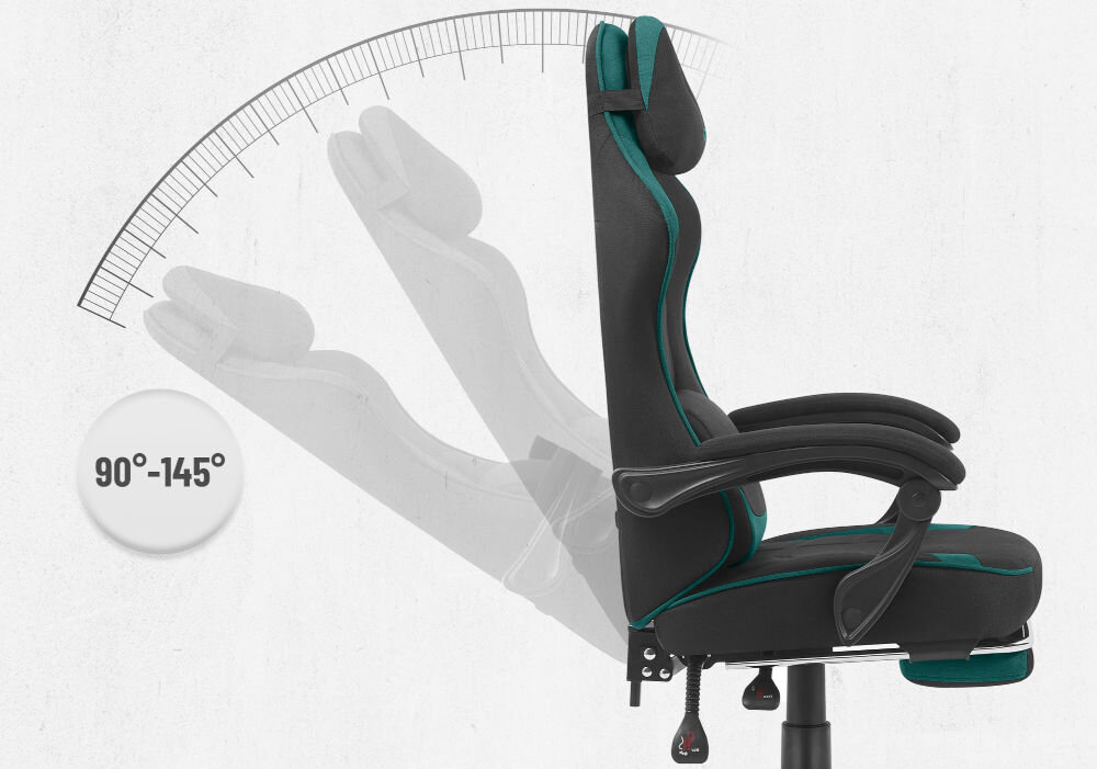 Fotel gamingowy CABRO C504 Czarny-zielony  Grafika prezentująca mechanizm regulacji kąta nachylenia oparcia fotela w zakresie od 90 do 145 stopni fotel gamingowy z regulacją oparcia do 145 stopni