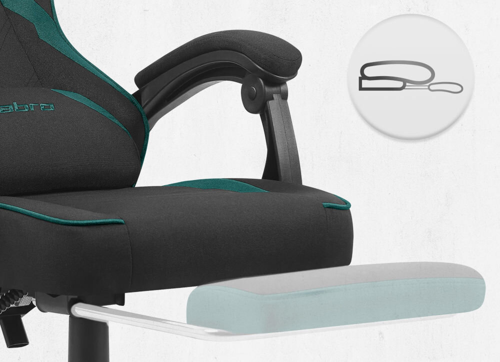 Fotel gamingowy CABRO C504 Czarny-zielony  zbliżenie na wysuwany podnóżek jasne tło ikona fotel gamingowy z wysuwanym podnóżkiem do odpoczynku