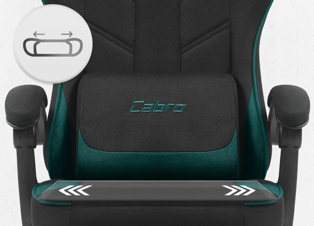 Fotel gamingowy CABRO C504 Czarny-zielony  Zbliżenie na siedzisko oraz poduszkę lędźwiową fotela gamingowego z logo marki i ikoną profilowanej poduszki fotel gamingowy z ergonomicznym siedziskiem z pianką