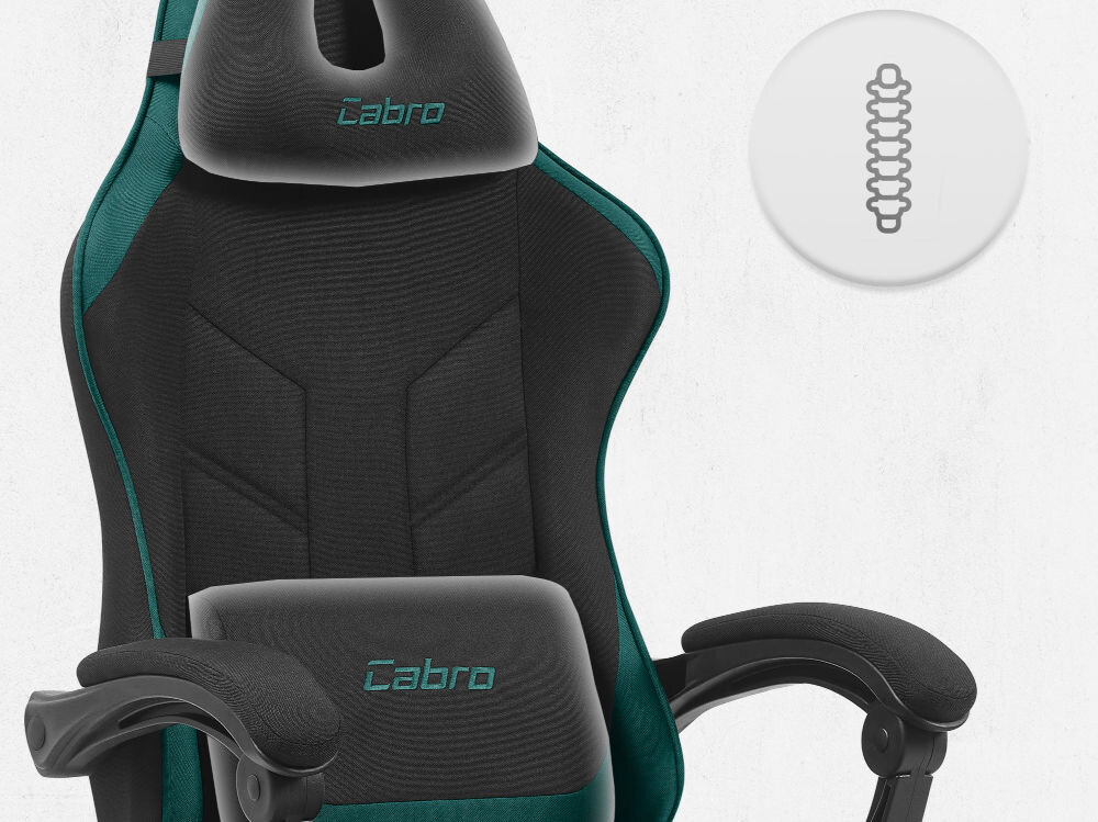 Fotel gamingowy CABRO C504 Czarny-zielony  Górna część fotela gamingowego z widocznym zagłówkiem i ikoną wsparcia kręgosłupa na całej długości pleców fotel gamingowy z poduszką lędźwiową i poduszką pod kark