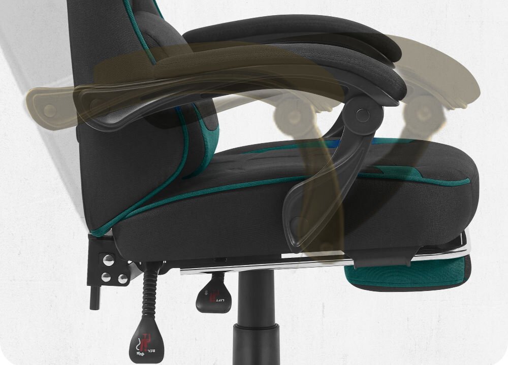 Fotel gamingowy CABRO C504 Czarny-zielony  Widok z profilu na podłokietnik fotela z graficznym zaznaczeniem możliwości jego regulacji i dopasowania do rąk fotel gamingowy z systemem linkage armrests podłokietników