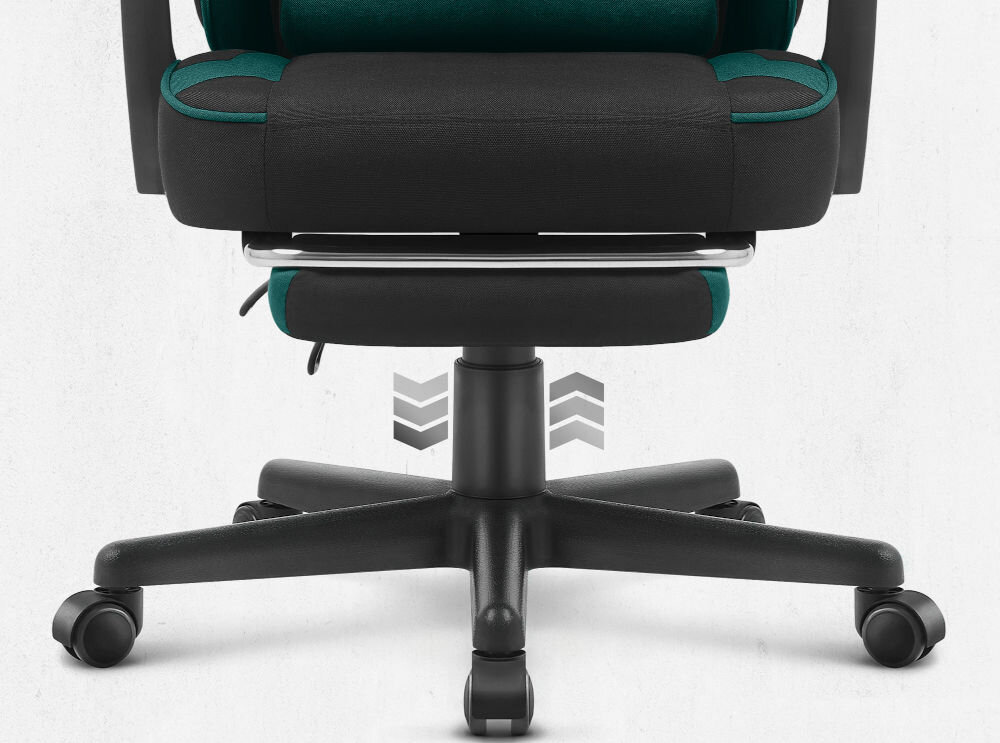 Fotel gamingowy CABRO C504 Czarny-zielony  Zbliżenie na dolną część fotela, prezentujące pięcioramienną podstawę, kółka oraz mechanizm podnośnika gazowego fotel gamingowy z regulacją wysokości siedziska gazowym siłownikiem