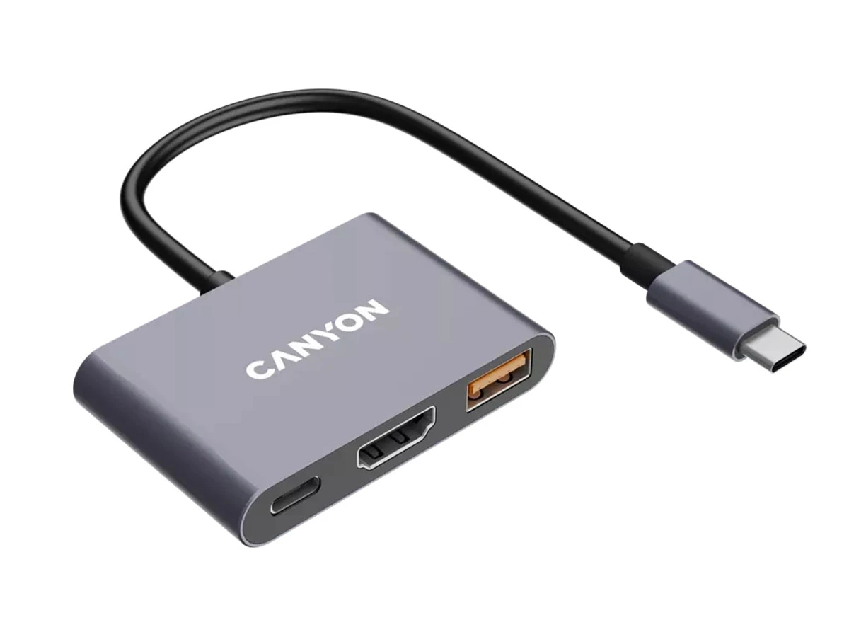 Szary hub USB-C z trzema portami: USB-C, HDMI i USB-A. Na urządzeniu widoczne jest logo \'CANYON\'.