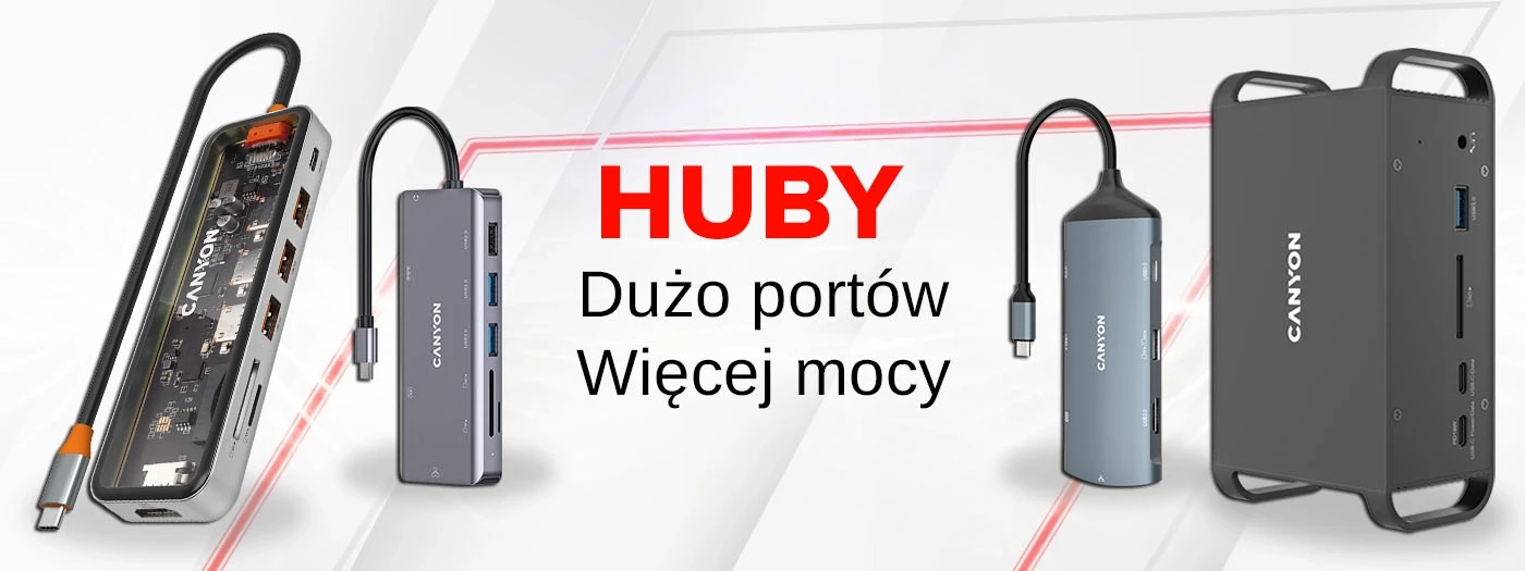 Na obrazie widoczne są różne modele hubów marki Canyon z różnymi portami. Tekst na obrazie: \'HUBY Dużo portów Więcej mocy\'.