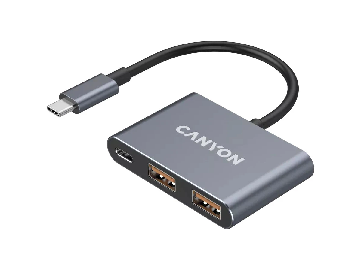 Ciemnoszary hub USB-C z dwoma portami USB i jednym portem USB-C, z napisem \'CANYON\' na obudowie.