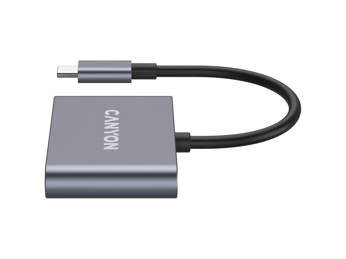 Na obrazie widoczny jest ciemnoszary hub USB-C z napisem \'CANYON\'.