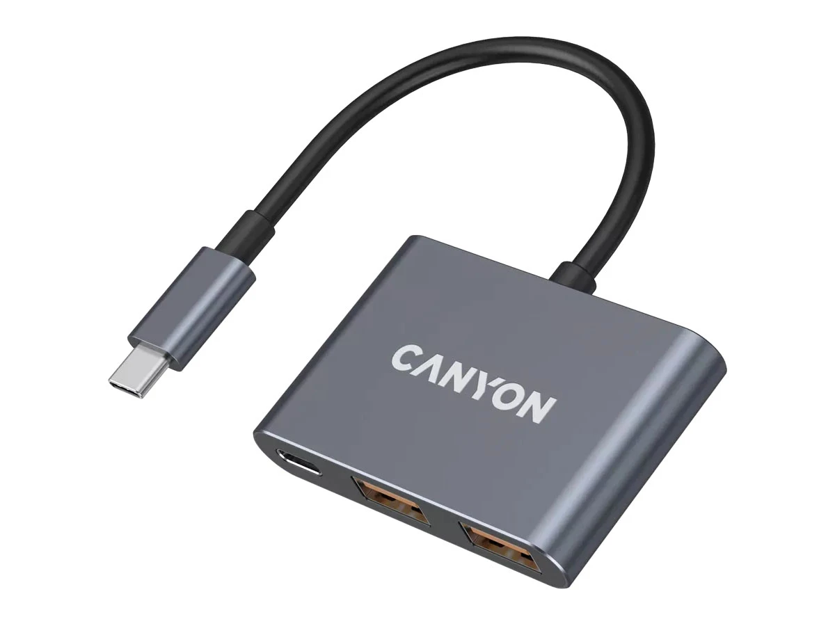 Ciemnoszary hub USB-C z logo \'CANYON\', posiadający dwa porty USB i jeden port USB-C. Kabel jest krótki i zakończony wtykiem USB-C.