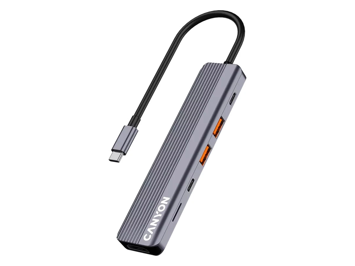 Szary hub USB-C z napisem \'CANYON\', posiada kilka portów USB i jeden kabel USB-C.