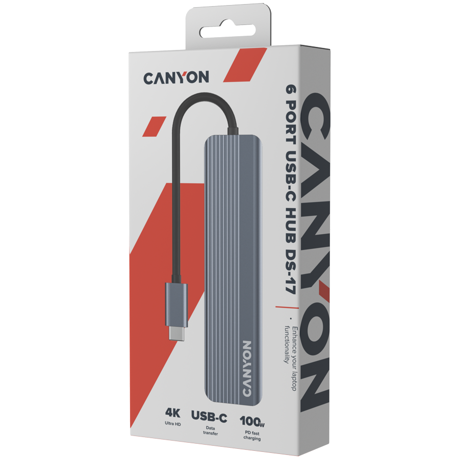 Opakowanie produktu Canyon Hub DS-17 6 w 1 4K USB-C Szary z widocznym logo \'CANYON\'. Na opakowaniu znajdują się informacje: \'6 PORT USB-C HUB DS-17\', \'4K Ultra HD\', \'USB-C Data transfer\', \'100W PD fast charging\'.