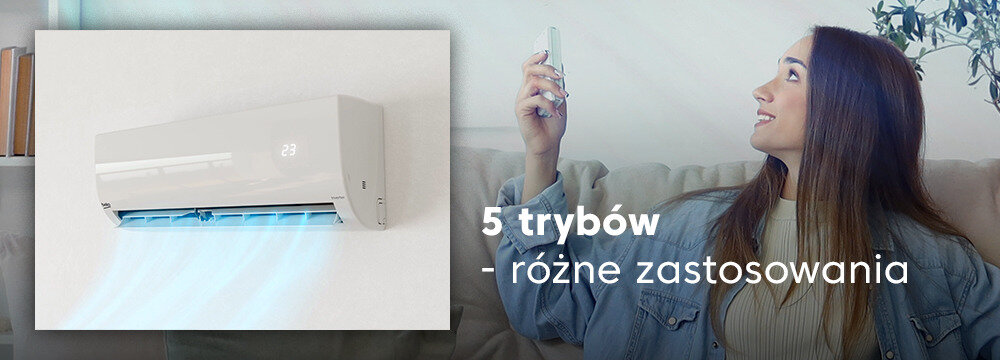 Obraz przedstawia klimatyzator zamontowany na ścianie, z którego wydobywa się niebieskie światło. Obok widoczna jest kobieta trzymająca telefon, a na obrazie znajduje się tekst: \'5 trybów - różne zastosowania\'.