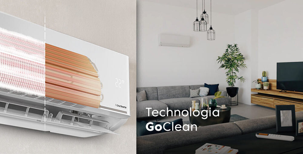 Obraz przedstawia klimatyzator zamontowany na ścianie w nowoczesnym salonie. Widoczny jest napis \'Technologia GoClean\'.