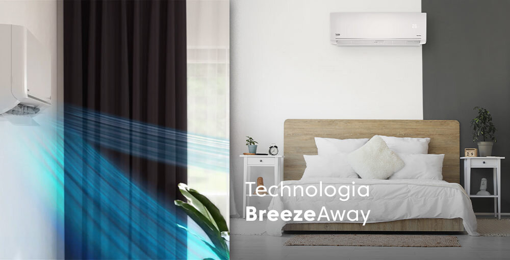 Obraz przedstawia wnętrze sypialni z zamontowanym na ścianie klimatyzatorem. Na obrazie widoczny jest napis \'Technologia BreezeAway\'.