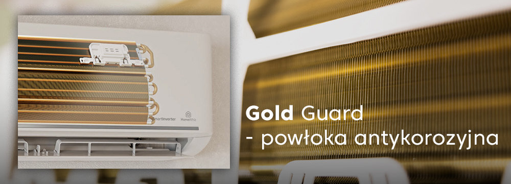 Obraz przedstawia klimatyzator z widoczną złotą powłoką na elementach wewnętrznych. Tekst na obrazie: \'Gold Guard - powłoka antykorozyjna\'.