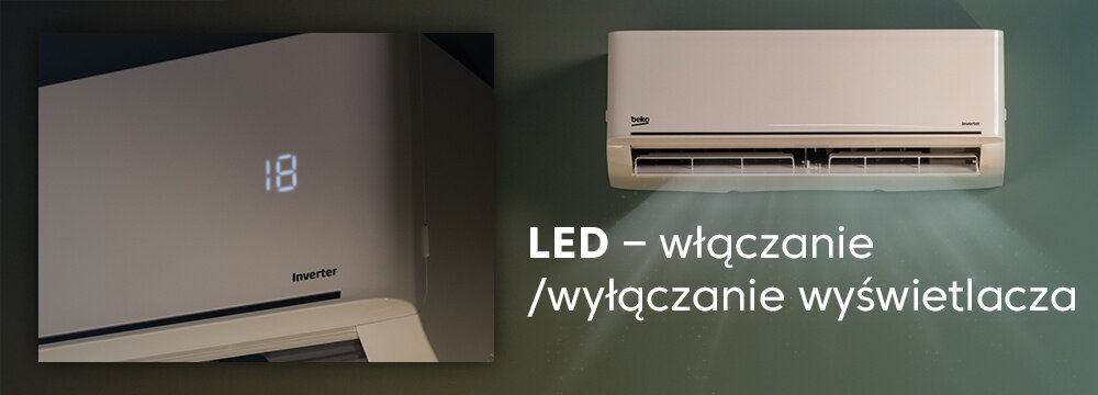 Obraz przedstawia klimatyzator ścienny z wyświetlaczem LED pokazującym liczbę 18. Obok znajduje się tekst: \'LED – włączanie/wyłączanie wyświetlacza\'.